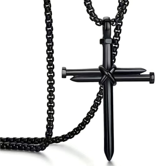 Cross 3 Nail Necklace Religious Statement Piece Pendant Chain w Gift Pouch Black - Picture 2 of 16